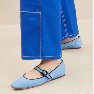 Miss left Blue Satin Buckle Strap Mary Janes Round Toe Ballet Flats Slip On Shoe